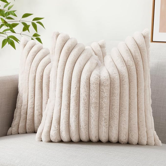 decorUhome Faux Fur Throw Pillow Covers 24x24 Set of 2, Decorative Soft Plush Striped Neutral Couch Euro Pillow Covers with Velvet Back for Sofa, Bed, Living Room Home Decor, Beige