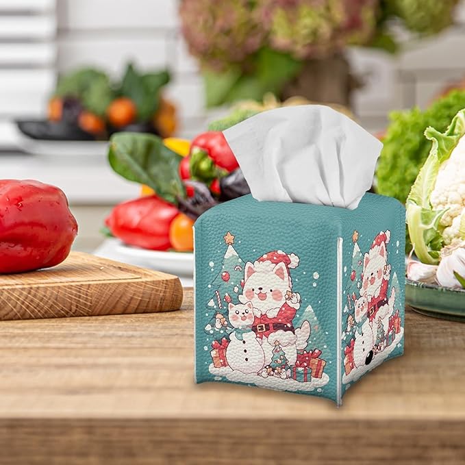 Christmas Tree Cat Tissue Box Cover Square Christmas Decor Tissue Box Holder Cute Leather Tissue Holder Tissues Cube Box Cover for Bathroom Organizer Dispenser
