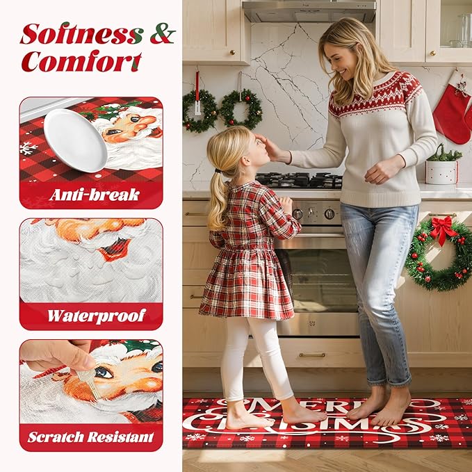Christmas Buffalo Plaid Santa Claus Kitchen Mat 2PCS, Cushioned Anti Fatigue Kitchen Mats for Floor Non Skid Waterproof Comfort Foam Standing Rugs for Desk Laundry Office Home Decor, 17"x30"+17"x47"
