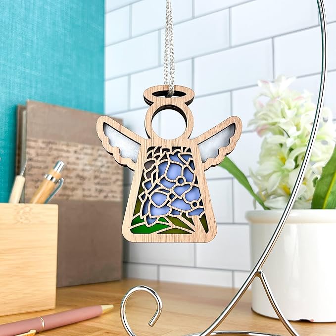 Blue Hydrangea Home Decor - 3.5" (H) Small Wooden Angel Figurines - 3.5" Christmas Ornaments Memorial Mom