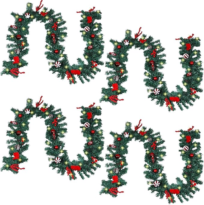 MorTime 4 Pack 9 FT LED Christmas Garland with Pinecones Red Berries Bows Christmas Balls Candies, Multi-Function Christmas Garland with 50 Warm White LED Lights, 180 Branch Tips