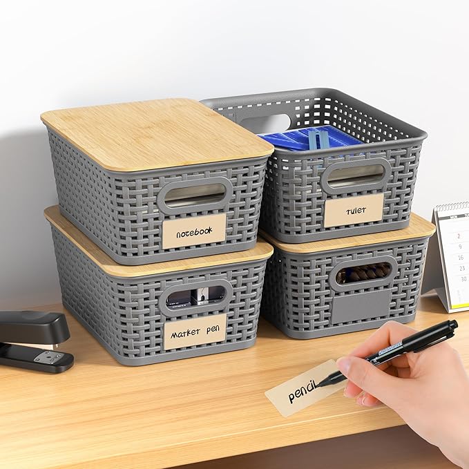 6 Pieces Gray Plastic Storage Baskets with Bamboo Lids with Labels Stackable Storage Containers for Organizing Shelves Drawers Desktop Closets Playroom Classroom Office