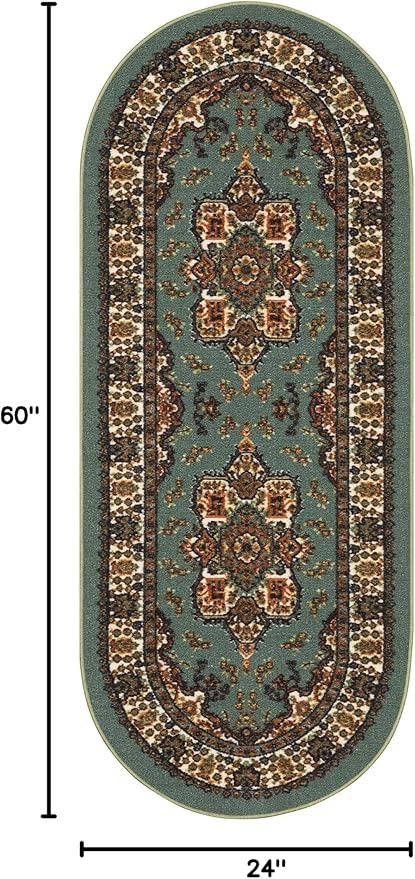 Antep Rugs Alfombras Oriental Traditional 2x5 Non-Skid (Non-Slip) Low Profile Pile Rubber Backing Kitchen Area Rugs (Green, 2' x 5' Oval)