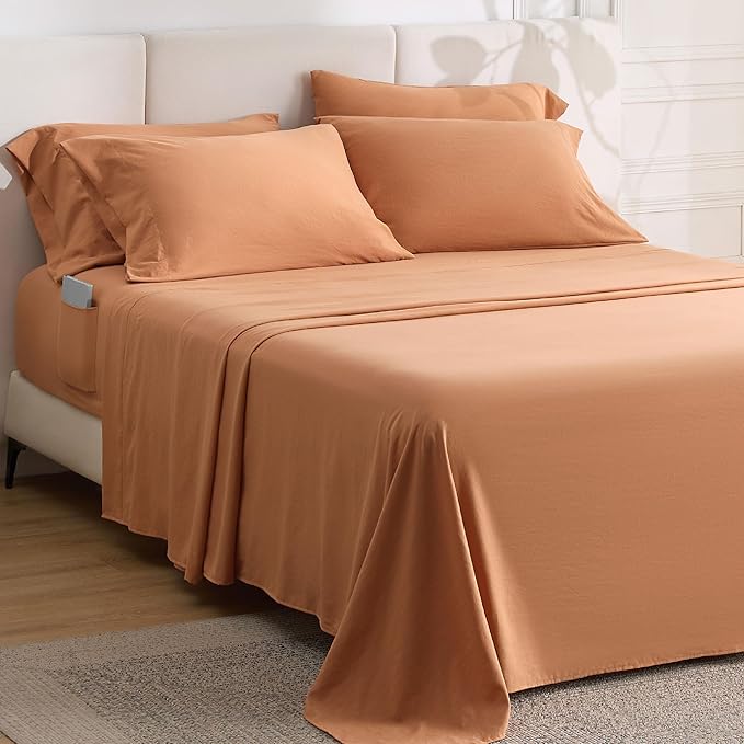 Bedsure Deep Pocket Queen Sheets - 6 Piece, Prewashed Ultra-Soft Queen Sheet Set, Fits Mattresses Up to 18 Inches Thick, Breathable & Secure Fit, Hotel Luxury Bedding, Burnt Orange