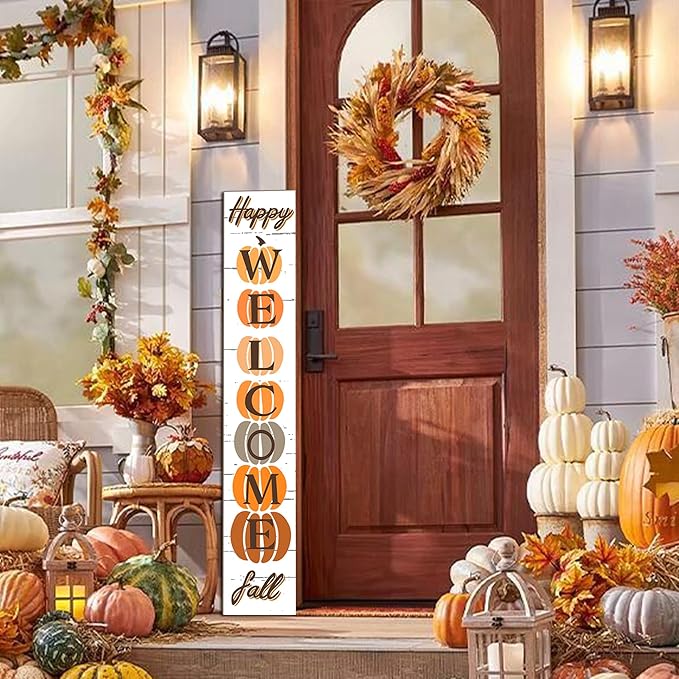 Fall Wooden Porch Sign 47" Autumn Pumpkin Front Door Welcome Sign Vertical Standing Sign For Garden Home Yard Farmhouse Thanksgiving Decor