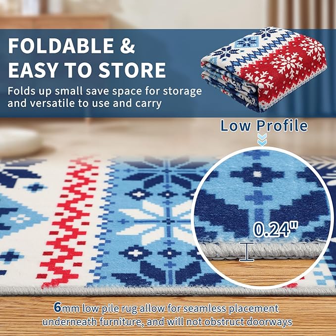 5x7 Christmas Area Rug Living Room Bedroom Large Xmas Decor Area Rug Indoor Washable Non-Slip Throw Floor Covers Boho Accent Rug Farmhouse Rug Festival Xmas Carpet for Dining Room, Blue