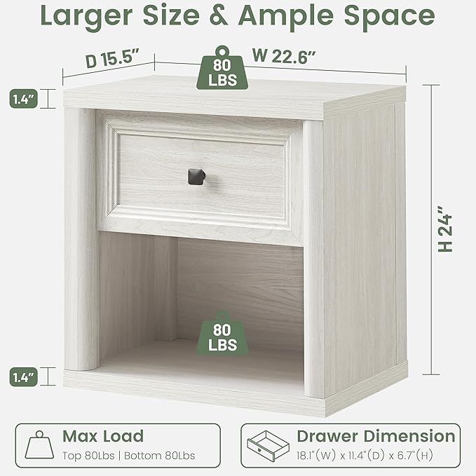 Farmhouse Night Stand Set of 2, White Nightstands with Deep Drawer, Wooden Side Tables End Table, 22.6" Wide Bedside Tables Night Stands for Bedroom Room Sofa Couch Office
