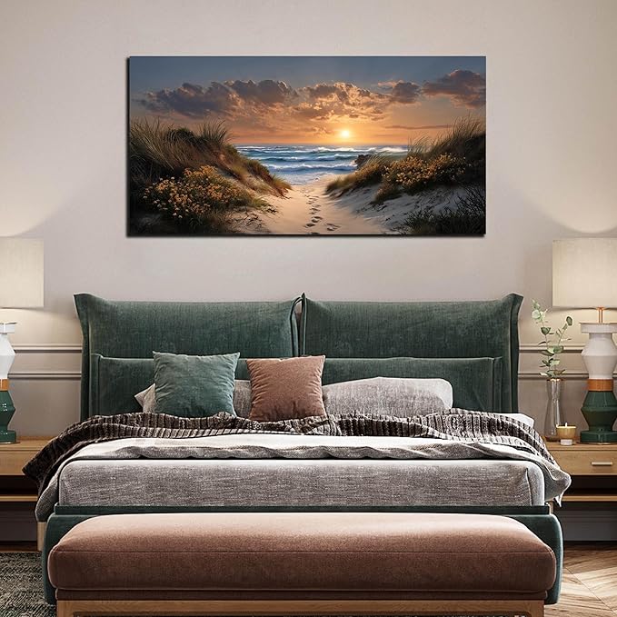 Sunset Canvas Wall Art Brown Wall Decor Seascape Art Print Landscape Wall Decorations Large Blue Picture 24" x 48" Coastal Artwork for Living Room Bedroom Office