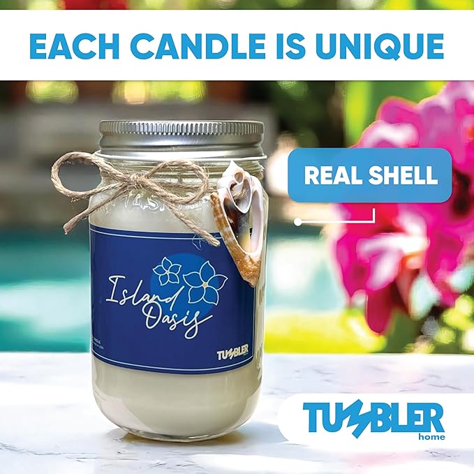 Tumbler Home Beach Candle, Large Scented Summer Candle, 100% Soy Wax, 90 Hour Burn, Mason Jar with Real Shell, Coastal Decor & Beach Themed Gift for Women, Made in USA, Tropical Flowers Scent