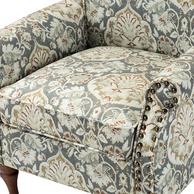 HULALA HOME Modern Wingback Accent Chairs Set of 2 with Wood Legs & Removable Cushion, Comfy Upholstered Armchairs with Nailhead Trim, Floral Pattern Single Sofa Chairs for Living Room Bedroom, Pine