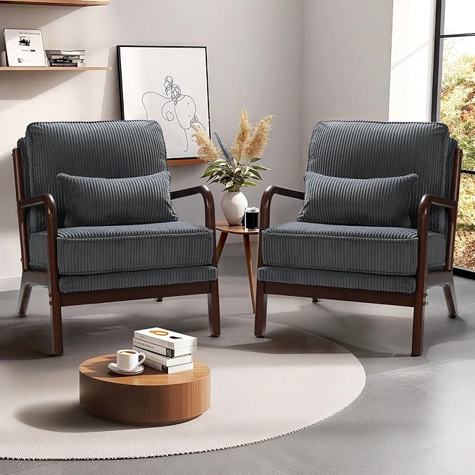 FLEXISPOT AC1 Mid Century Modern Accent Chairs Set of 2, Corduroy Upholstered Armchairs with Wood Frame, Thick Backrest & Lumbar Pillow, Comfy Reading Chairs for Living Room, Bedroom, Balcony (Grey)