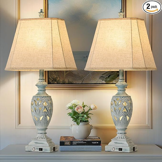 29.5"H Touch Control Traditional Table Lamp Set of 2,Vintage Bedside Lamp Nightstand Lamps with Dual USB Ports,3-Way Dimmable Hollow Out Leafwork Blue Washed Finish Desk Lamps for Living Room,Bedroom