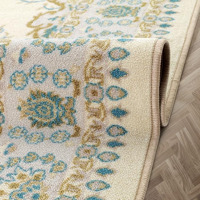 Antep Rugs Alfombras Oriental Traditional 5x7 Non-Skid (Non-Slip) Low Profile Pile Rubber Backing Indoor Area Rugs (Blue Beige, 5' x 7')