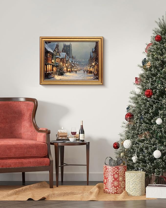 VIYYIEA Vintage Gold Framed Wall Art for Living Room, Christmas Canvas Prints Home Decor, Oil Painting Picture, Bedroom Wall Decor Gifts for Friends or Family -【A Cold Snowy Night】-(16L x 12W)