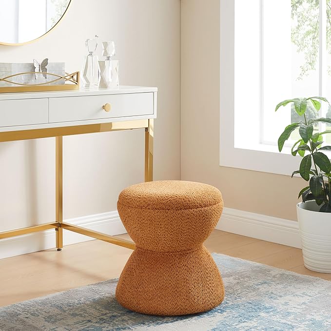 Multi-Functional Boucle Ottoman, Vanity Stool Chair, Sturdy Wooden Footstool, Suitable for Living Room, Bedroom, and Entryway, Without Installation, Curry