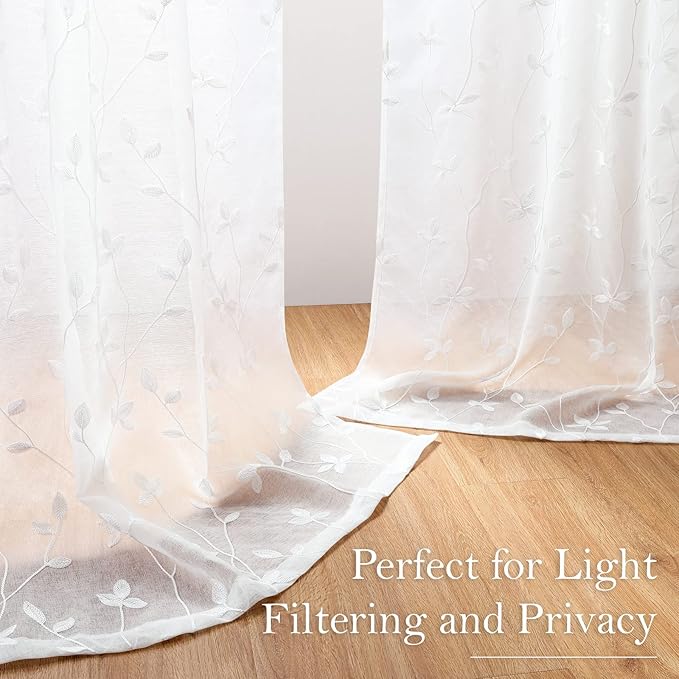HOMEIDEAS White Sheer Curtains 52 X 96 Inches Length 2 Panels Embroidered Vine Floral Pattern Pocket Faux Linen Semi Sheer Voile Window Drapes for Bedroom Living Room