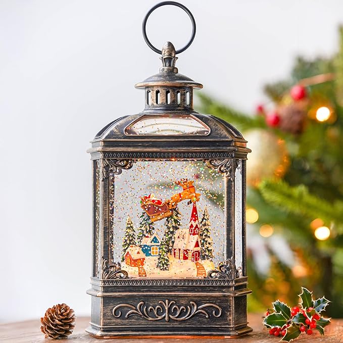 Christmas Snow Globe Lighted Church & Flying Santa Scene, Musical Snow Water Lantern Swirling Glittering Home Decoration and Gift, Battery Operated or USB Powered