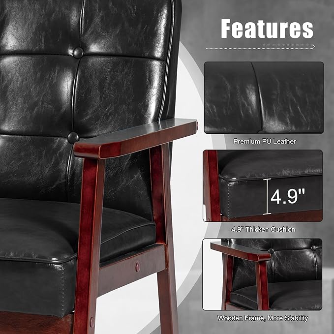Okeysen Accent Chairs Set of 2, Mid Century Modern Accent Chair, Retro Wood and Leather Armchairs Side Chair, Lounge Reading Comfy Arm Chair for Living Room, Bedroom, Office