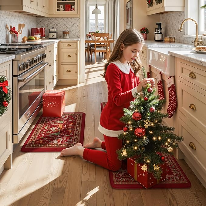 Collive Christmas Snowman Kitchen Floor Mats, Red Winter Xmas Tree Cushioned Anti Fatigue Kitchen Rugs 2 Piece Waterproof Elk Sled Sink Mat, Non Slip Foam Comfort Standing Desk Rug for Home Decor