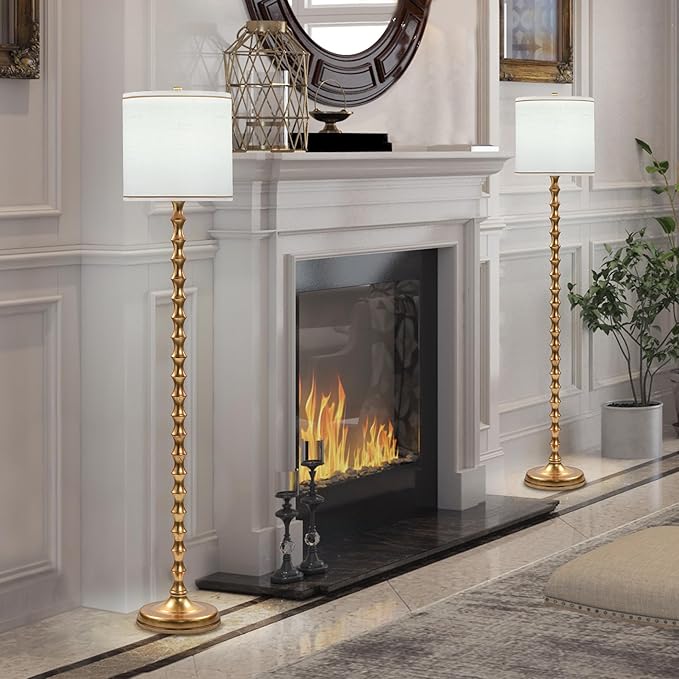 64.5" Gold Floor Lamp for Living Room, Gold Bamboo Floor Lamps for Bedroom, Tall Skinny Lamp for Home Decor, Mid Century Antique Floor Lamps with White Lampshade