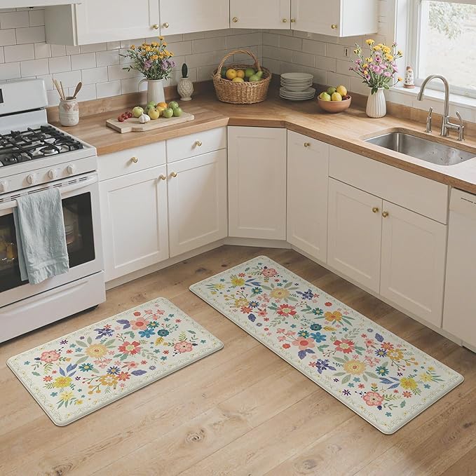 GENIMO Kitchen Mats for Floor 2PCS, Cushioned Kitchen Rugs Non Slip Washable, Farmhouse Anti Fatigue Mat Waterproof, Comfort Standing Mat Rug for Office, Home, Laundry, 17.3"x47"+17.3"x30", SoftWhite