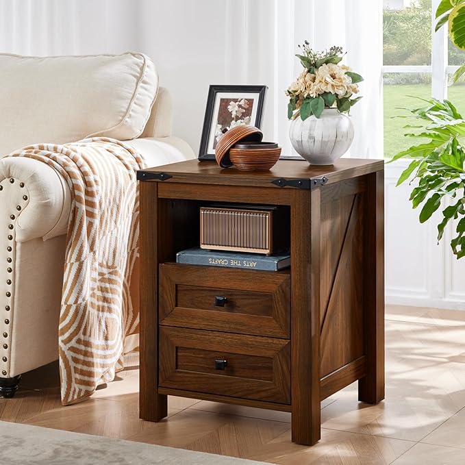 Nightstand with Charging Station and USB Port, Farmhouse Side End Table with 2 Drawers and Open Shelf, Wood Rustic Sofa Table, Bedside Cabinet for Bedroom, Living Room, Closet, Office(Brown)