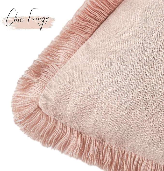 Foindtower Set of 2 Decorative Linen Fringe Throw Pillow Covers Cozy Boho Farmhouse Cushion Cover with Tassels Soft Accent Pillowcase for Couch Sofa Bed Living Room Home Decor,26×26 Inch,Light Pink