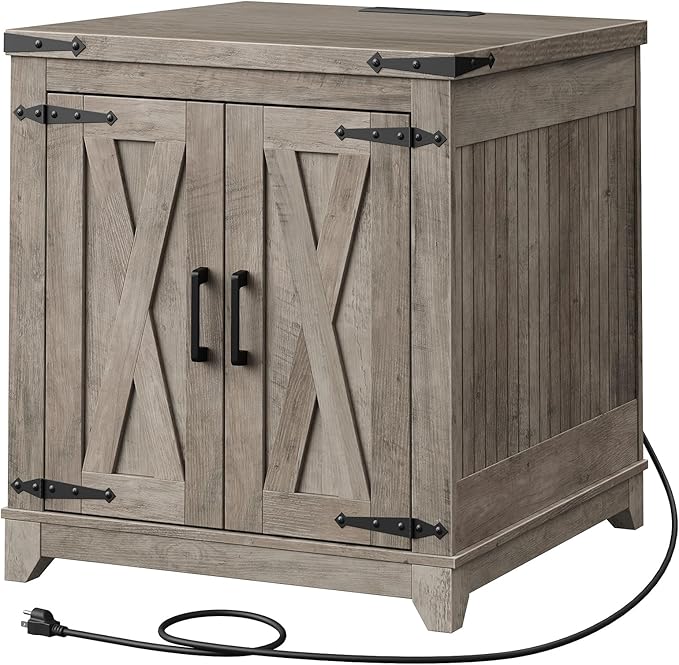 Farmhouse Side Table, Large End Table with Charging Station, Sofa Side Table with Adjustable Shelf and Barn Door, Wooden Nightstand for Living Room, Bedroom, Office, Greige
