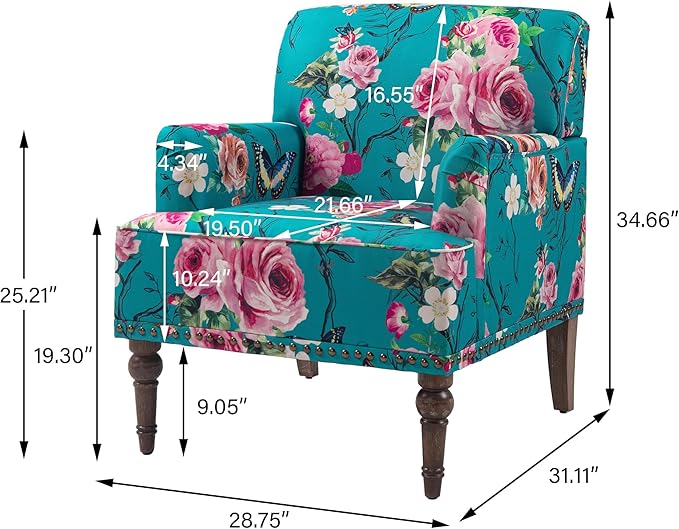 UIXE Floral Accent Chair, Living Room Arm Chairs Modern Nailhead Trim Club Armchair with Wood Legs, Comfy Upholstered Sofa Lounge Seat Reading Seat Bedroom Side Seating for Home Office