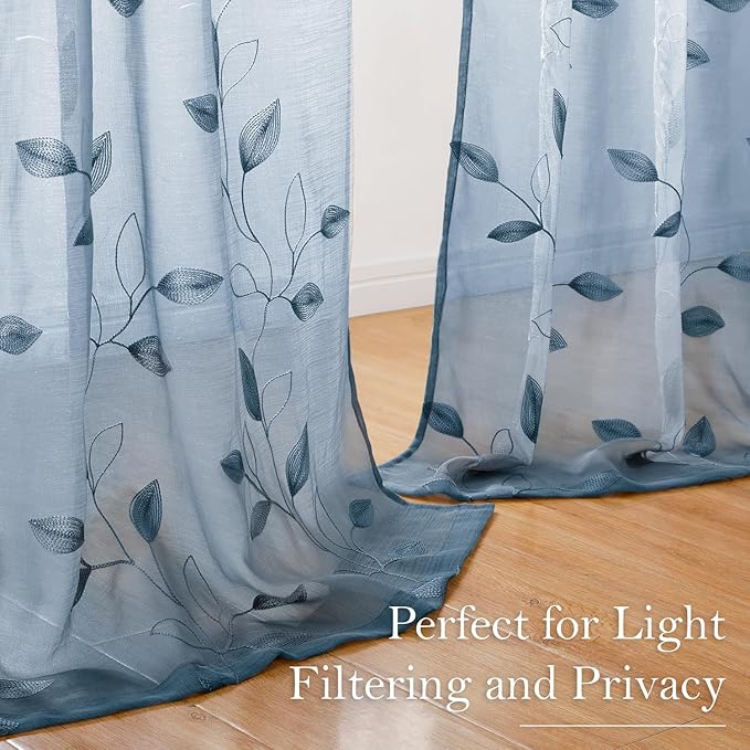 HOMEIDEAS Stone Blue Floral Sheer Curtains 84 Inches Long 2 Panels Embroidered Pattern Semi Sheer Window Curtains for Bedroom Living Room