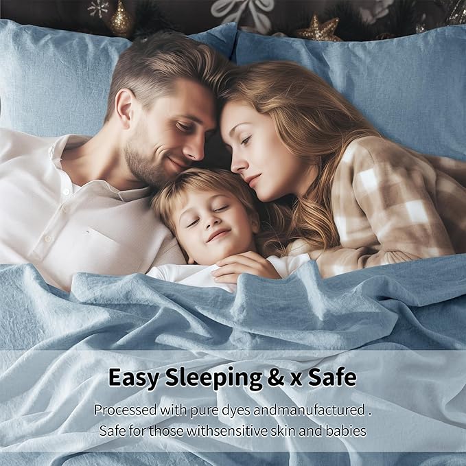 LBRO2M 100% Linen Sheet Set Full Size,Bed Sheets 4 Piece Sets,Solid Color Natural Flax Bed Sheets Soft Breathable Bedding,16" Deep Pocket,All Season (Full, Dusty Blue)