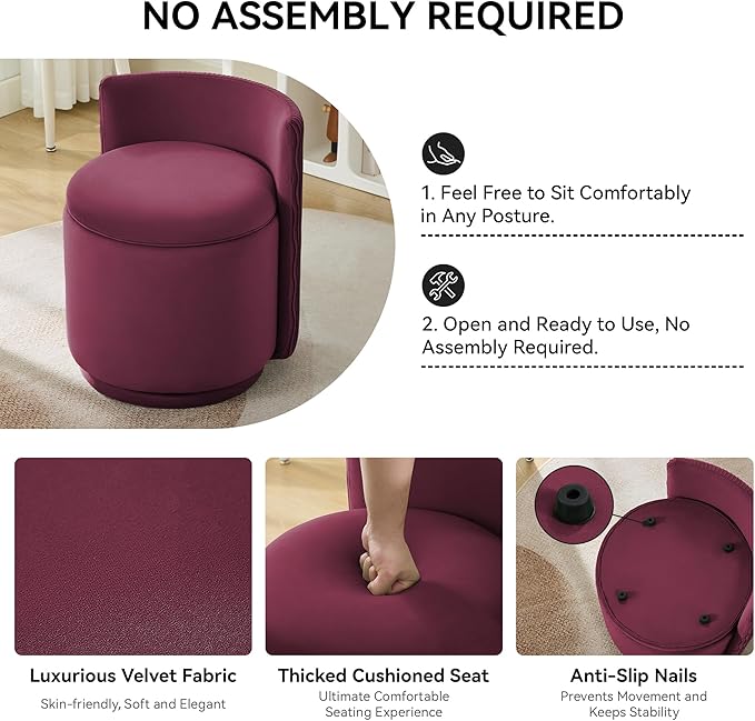 Velvet Vanity Chair with Storage, 360° Swivel Makeup Chair with Wave Back, No Assembly Small Accent Stool for Bedroom, Dressing, Living Room, Burgundy