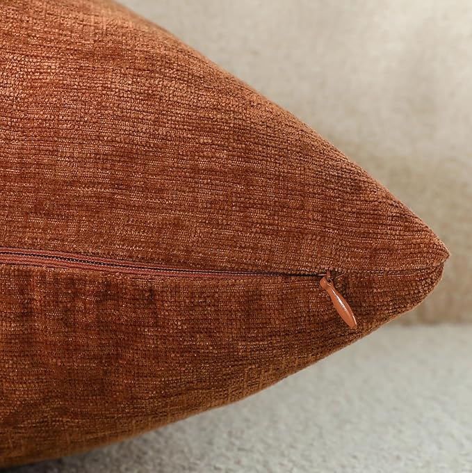 Terracotta Chenille Decorative Couch Throw Pillow Covers, Soft Cushion Cases for Home Livingroom Sofa Décor, Pack of 2, 18 x 18 Inches
