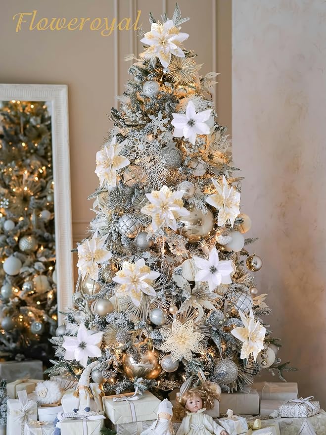 Floweroyal 60pcs Poinsettia Artificial Christmas Flowers Decorations with Clips and Berry Stems Glitter Ornaments for Christmas Tree Wreath Fireplace Stairs Decor (White-3 Styles)