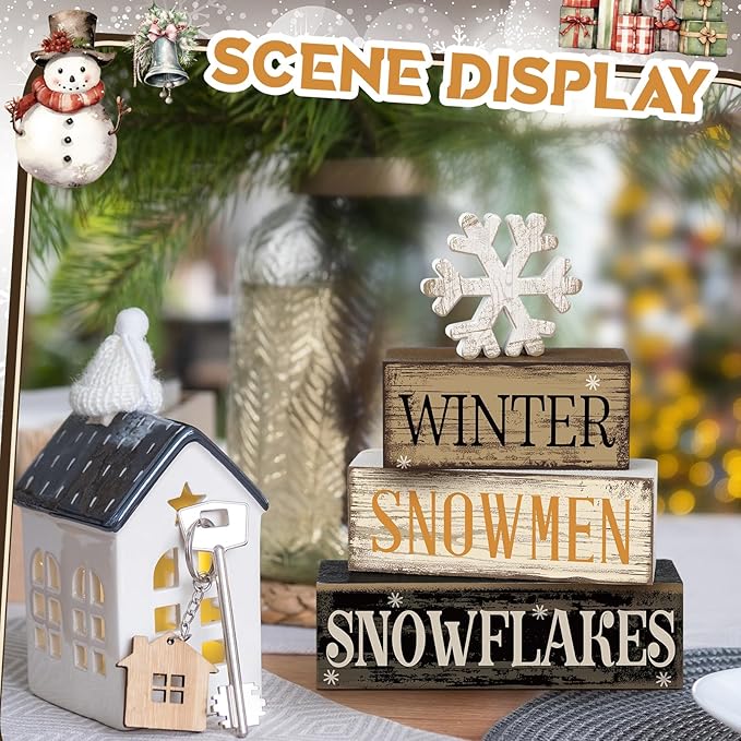 4 Pcs Christmas Table Decorations Wooden Snowflake Decor Winter Tiered Tray Decor Rustic Snow Block Signs Gift Farmhouse Christmas Centerpiece for Winter Wonderland Party Kitchen Shelf Home
