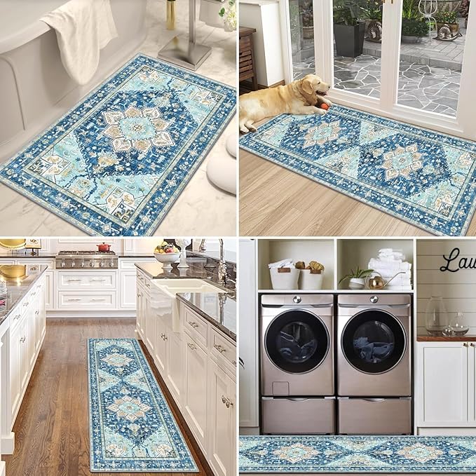 Yamaziot Boho Washable Kitchen Rugs Sets of 3, Non Slip Kitchen Mats for Floor with Rubber Backing, Waterproof & Stain Resistant Thick Carpet Runner Throw Rugs for Kitchen, Laundry Room, Hallway, Blue