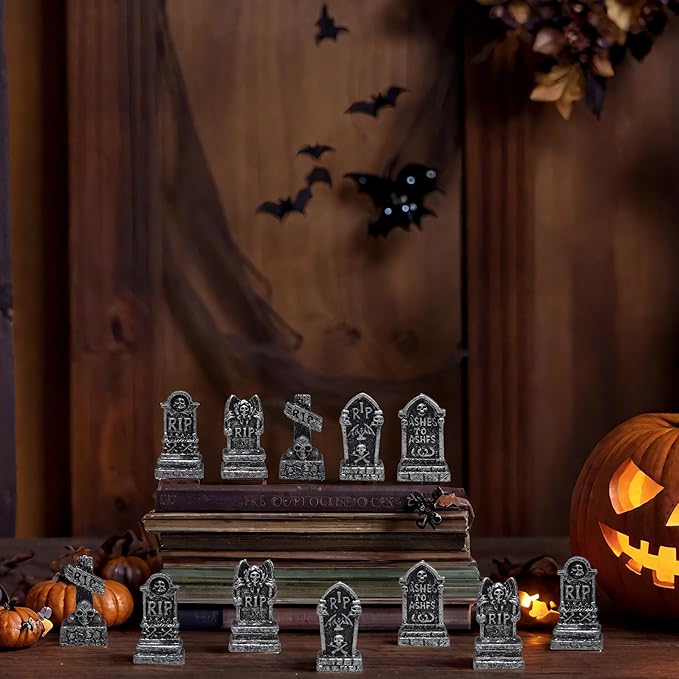 12PCS Mini Tombstones for Halloween Decoration, Resin Miniature Gravestones for Terrarium, Mini Headstones, Small Graveyard Set, Gothic Cemetery Figurines for Haunted House, Tabletop Displays
