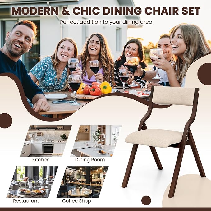 Giantex Folding Dining Chairs Set of 2, No Assembly Required with Linen Padded Seats, Wooden Foldable Kitchen & Party Chairs, Easy to Store for Extra Events