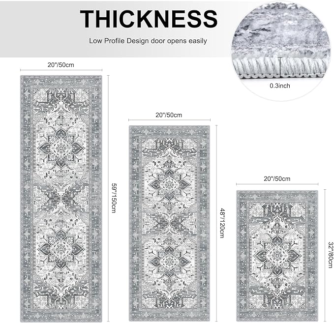Yamaziot Boho Washable Kitchen Rugs Sets of 3, Non Slip Kitchen Mats for Floor with Rubber Backing, Waterproof & Stain Resistant Thick Carpet Runner Throw Rugs for Kitchen, Laundry Room, Hallway, Grey
