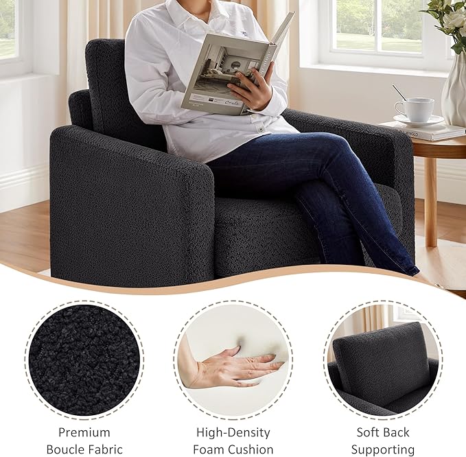 VANOMi Accent Chair 29.5" Reading Chair, Modern Living Room Chair with Thick Cushion&Wood Base, Comfy Upholstered Boucle Armchair, Single Sofa for Bedroom, Office, Dark Gray