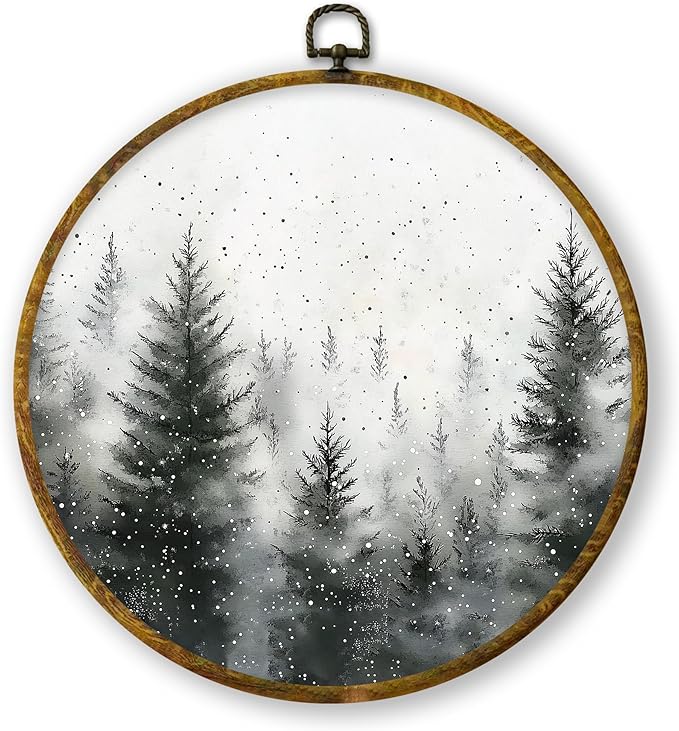 QZQE Pine Tree Winter Round Wall Art Decor Framed, Rustic Snowy Landscape Forest Circle Canvas Prints, Cozy Winter Farmhouse Christmas Wall Hanging Decor for Home Bedroom Living Room, 10x10 Inch