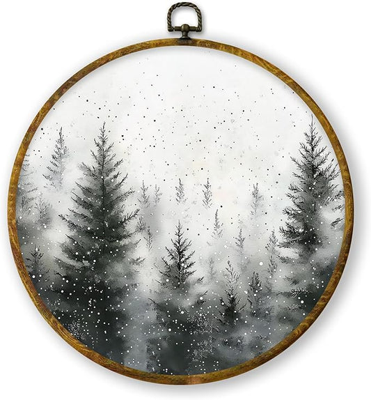 QZQE Pine Tree Winter Round Wall Art Decor Framed, Rustic Snowy Landscape Forest Circle Canvas Prints, Cozy Winter Farmhouse Christmas Wall Hanging Decor for Home Bedroom Living Room, 10x10 Inch