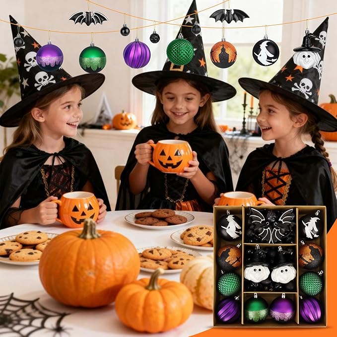 68pcs Halloween Ornaments for Small Tree,Shatterproof Halloween Christmas Tree Decorations Hanging Ball Ornaments Set with Bat and Witch Decor for Party Indoor Home Decor