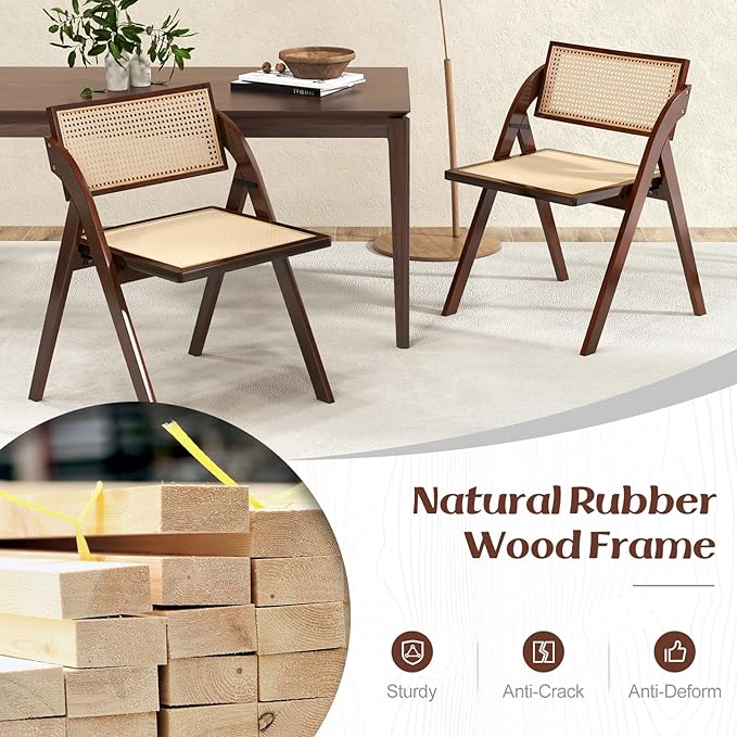 Giantex Folding Dining Chairs Set of 2, Wooden Folding Chair with Rattan Backrest & Seat, Sturdy Rubber Wood Frame, Armless Accent Chairs for Living Room, Kitchen, Wedding Party, No Assembly, Brown
