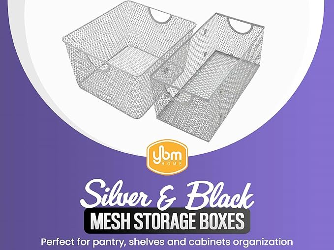 YBM HOME Kitchen Pantry Organizer Wire Basket for Shelves, Cabinets, Pantry, Countertop, Mesh Open Storage Bin Metal Basket for Organizing Food Supplies 14 x 10 x 9, Pack of 2, Silver