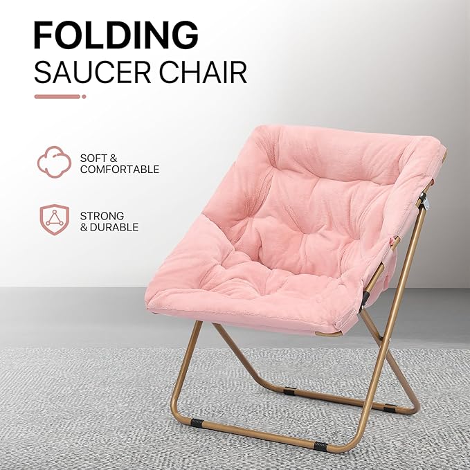 Athena Collection Saucer Chair for Adult, Square Comfy Cozy Chair Folding Chair Faux Fur Metal Frame Foldable Reading Chair Accent Chair for Bed Room Living Room Set of 2, Pink