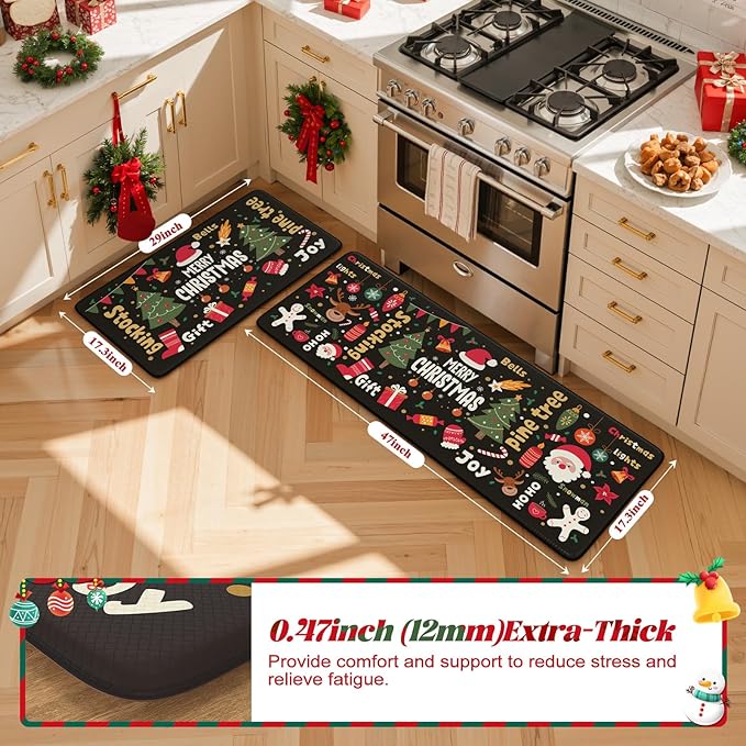 Collive Merry Christmas Kitchen Mats for Floor, Cushioned Anti Fatigue Kitchen Rug Set, 2 Piece Non-Skid Waterproof Kitchens Sink Rugs, Comfort Winter Xmas Tree Mat for Laundry Office Desk