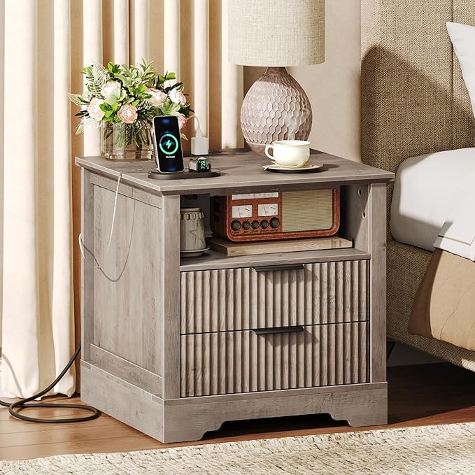 Fluted Nightstand Set of 2, 24'' Sofa Side Table with 2 Drawers, Farmhouse Bedside Table with Storage, Large End Table for Bedroom, Living Room, Greige
