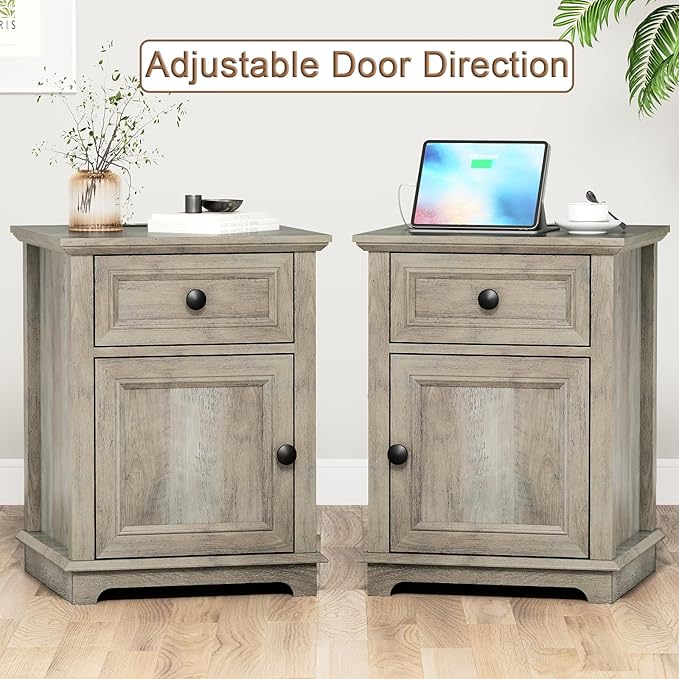 End Tables with Charging Station Set of 2, Side Tables with Drawer and Adjustable Shelf, Night Stand Set of 2, Wooden Side Table for Living Room/Bedroom/Office, Light Grey.