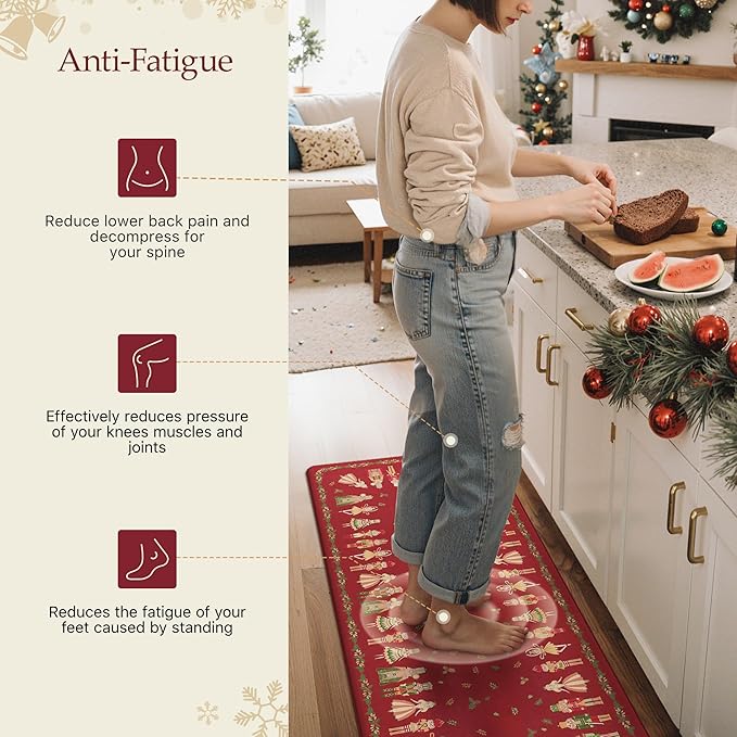 GENIMO Christmas Decorations - Kitchen Mats for Floor, 2PCS Christmas Kitchen Rugs, Cushioned Anti Fatigue Mat for Home Decor, Waterproof Non Slip Standing Mat for Laundry, 17.3"x47"+17.3"x30", Red